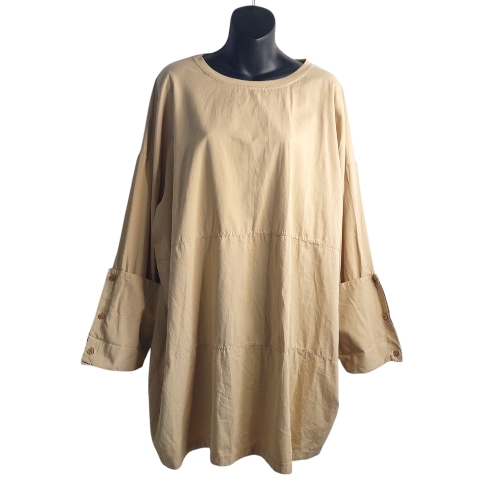 Zara Women's Tan/Beige Pleat Button Cuffs Crewneck Lose Fit Dress Sz Medium NWT